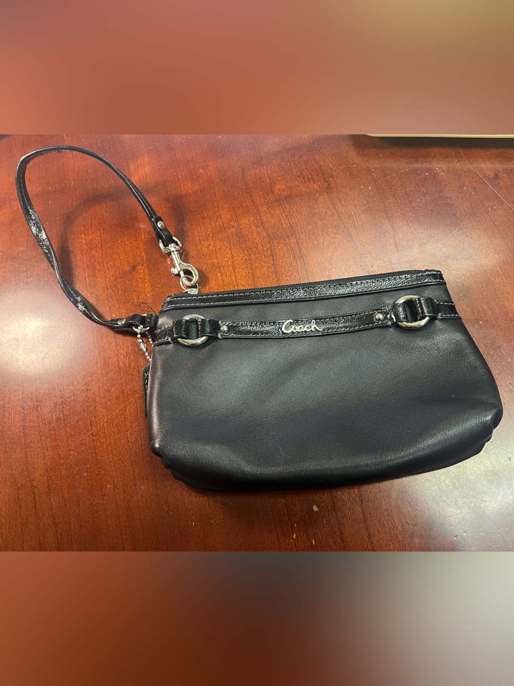 Coach Black Gallery Leather Wristlet with Silver Hardware